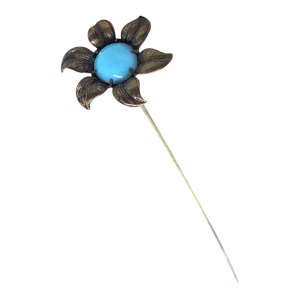Vintage Long Stem Flower Stick Pin Turquoise Blue Cabochon Hat Lapel Floral